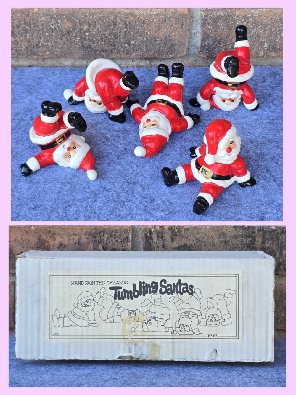 Vtg 1976 Fitz and Floyd Tumbling Santas - COMPLETE Set of 5 with Original Box!